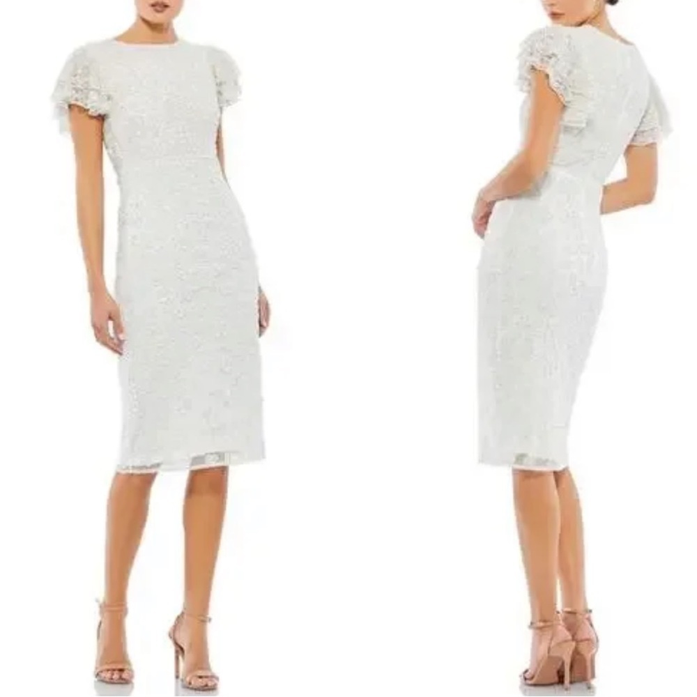 NWT Mac Duggal Floral Embellished Flutter Sleeve Midi Dress White Beaded Sz 0